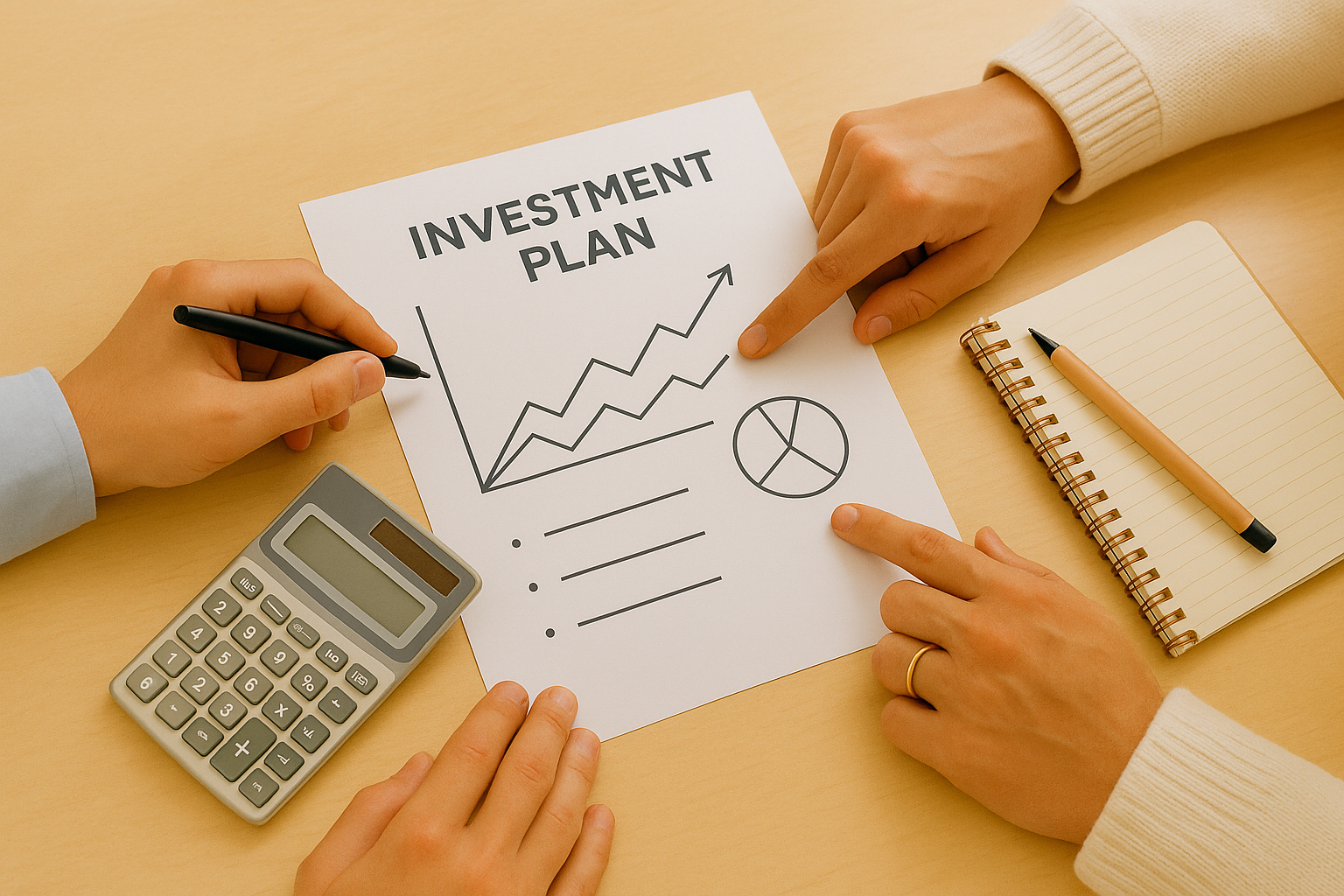 Advisory team reviewing a portfolio plan and asset-allocation chart around a table